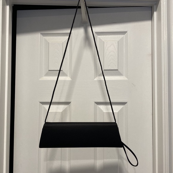 Black Satin Shoulder Evening Bag / Wristlet With Round Crystal Design - Picture 13 of 15